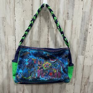 Laurel Burch Purse Shoulder Bag Colorful Vibrant Blue Dogs Sequins Canvas Tote
